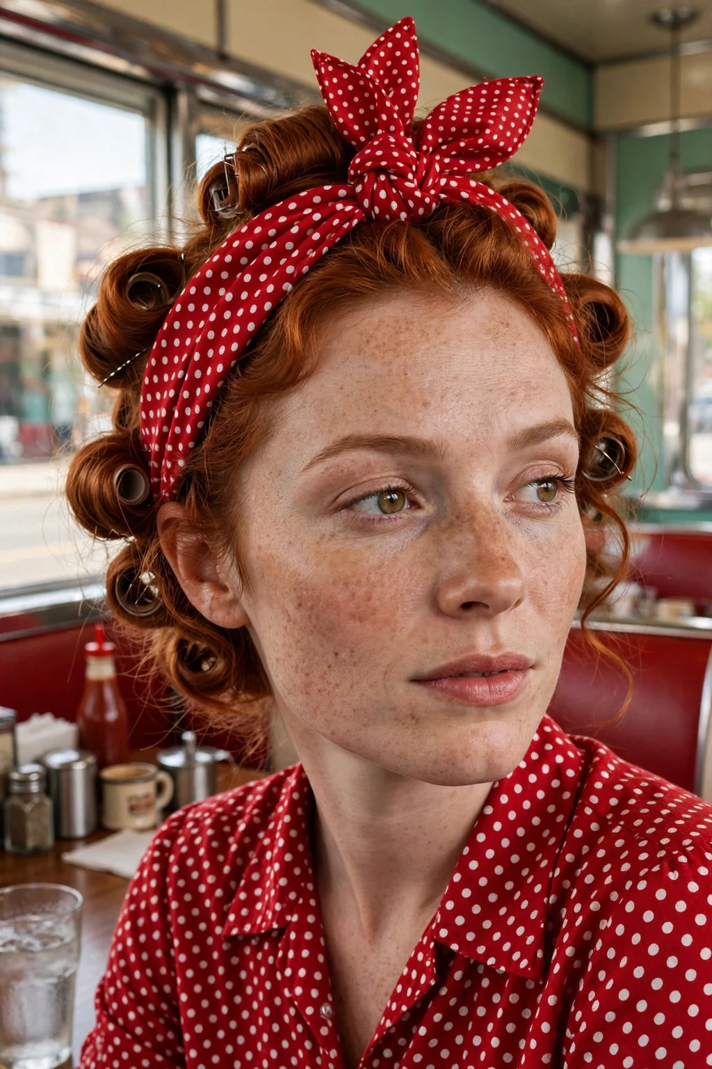 Young woman in a Rosie the Riveter style with a red polka dot bandanna.
