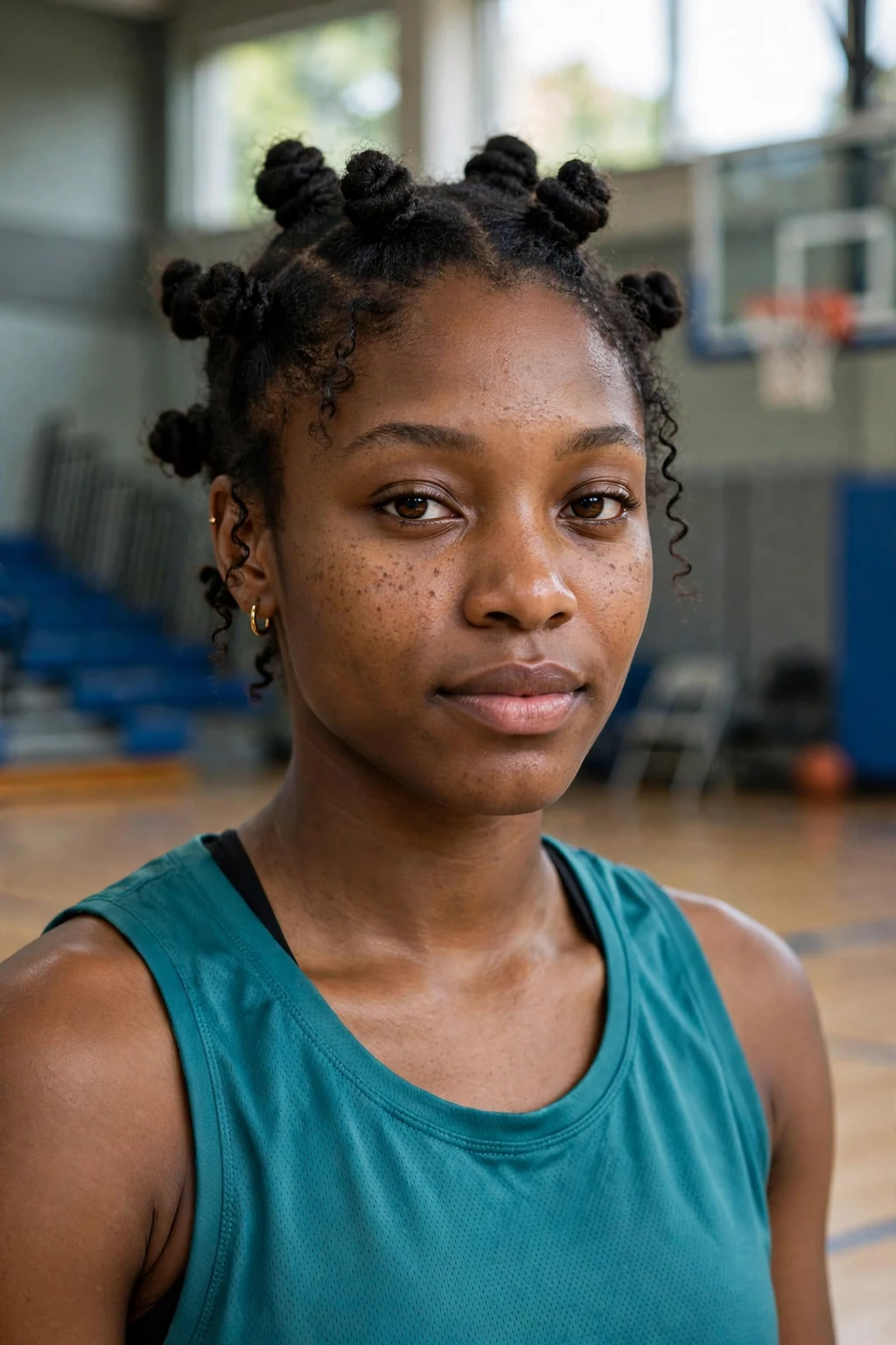 Young woman athlete with Bantu knots, wearing a teal jersey.