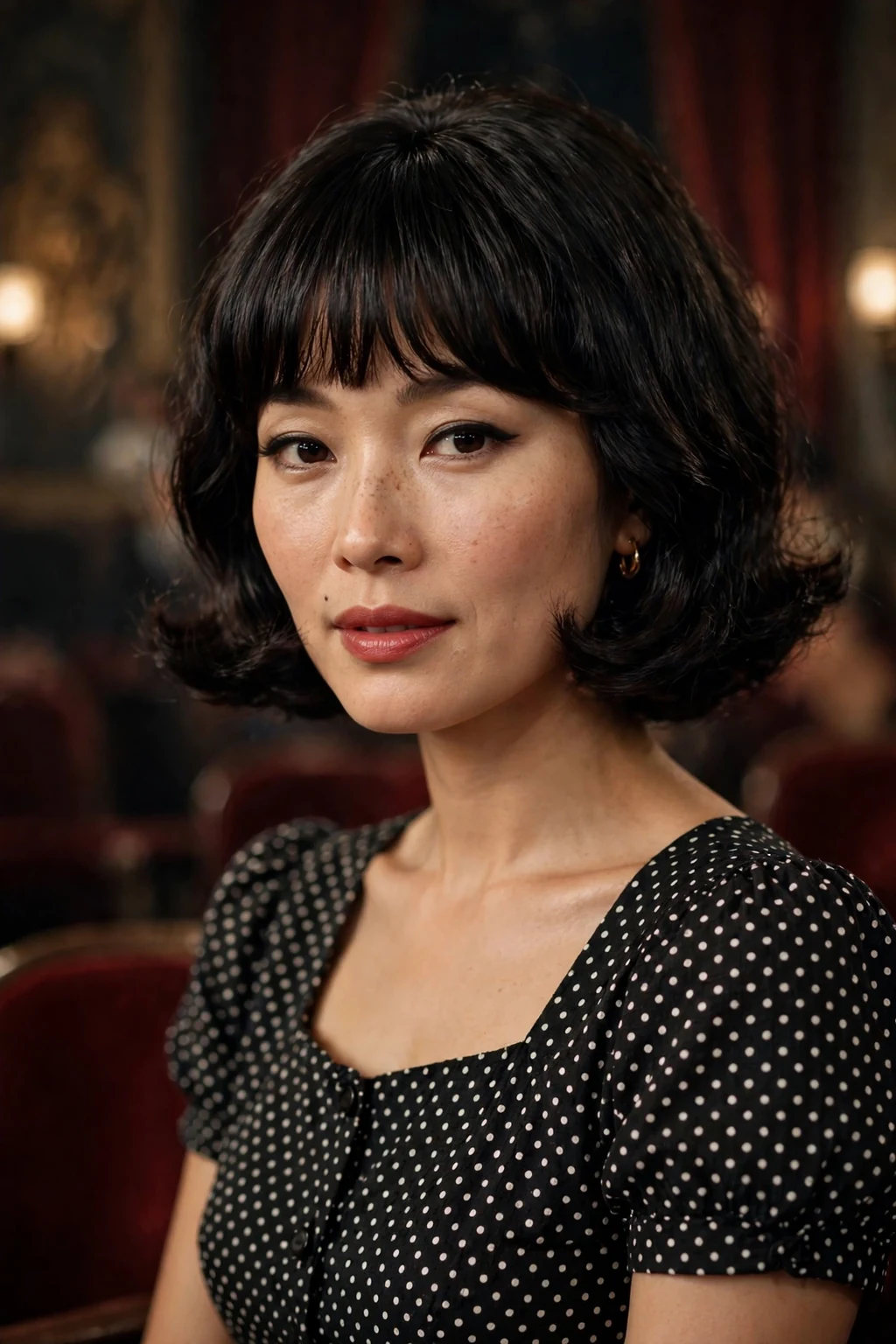 Beautiful woman with bardot bob bangs, glamorous bardot bob bangs, retro light.