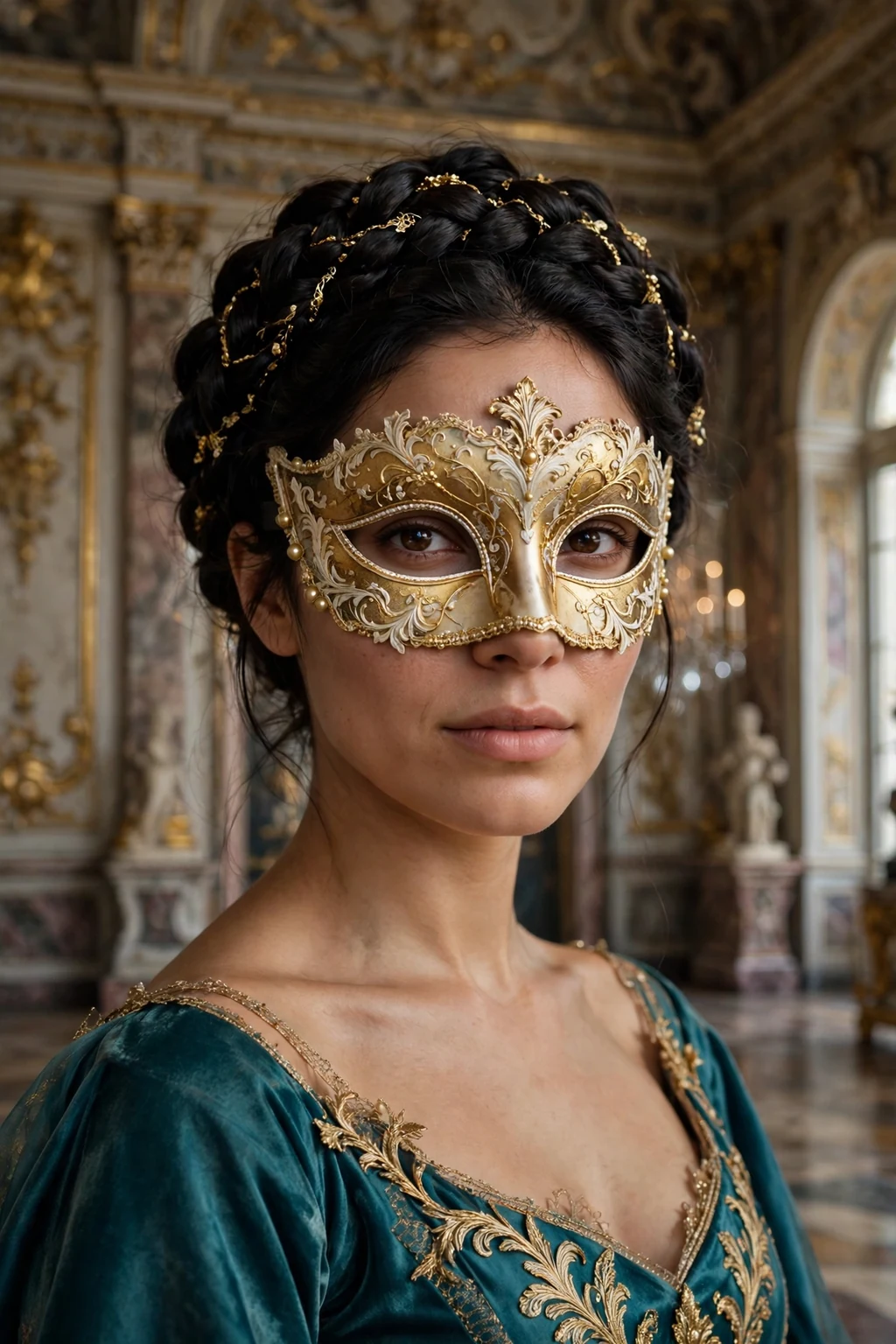 Young woman with a baroque braided crown and a gold masquerade mask.
