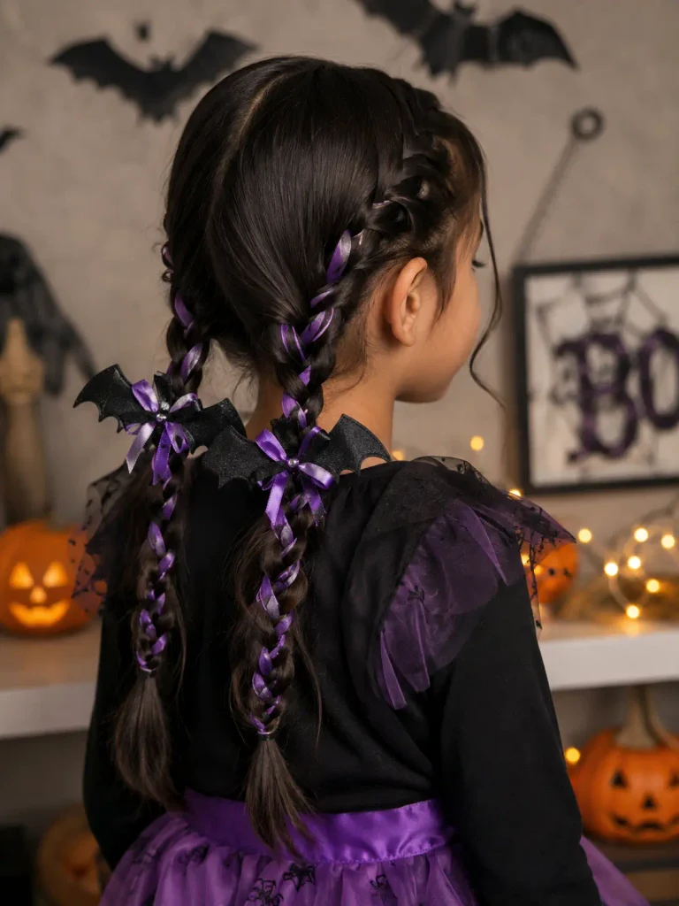 Realistic 8-year-old girl with long black hair in two loose braids, purple ribbons and black bat-wing bows, wearing a black-and-purple Halloween outfit.