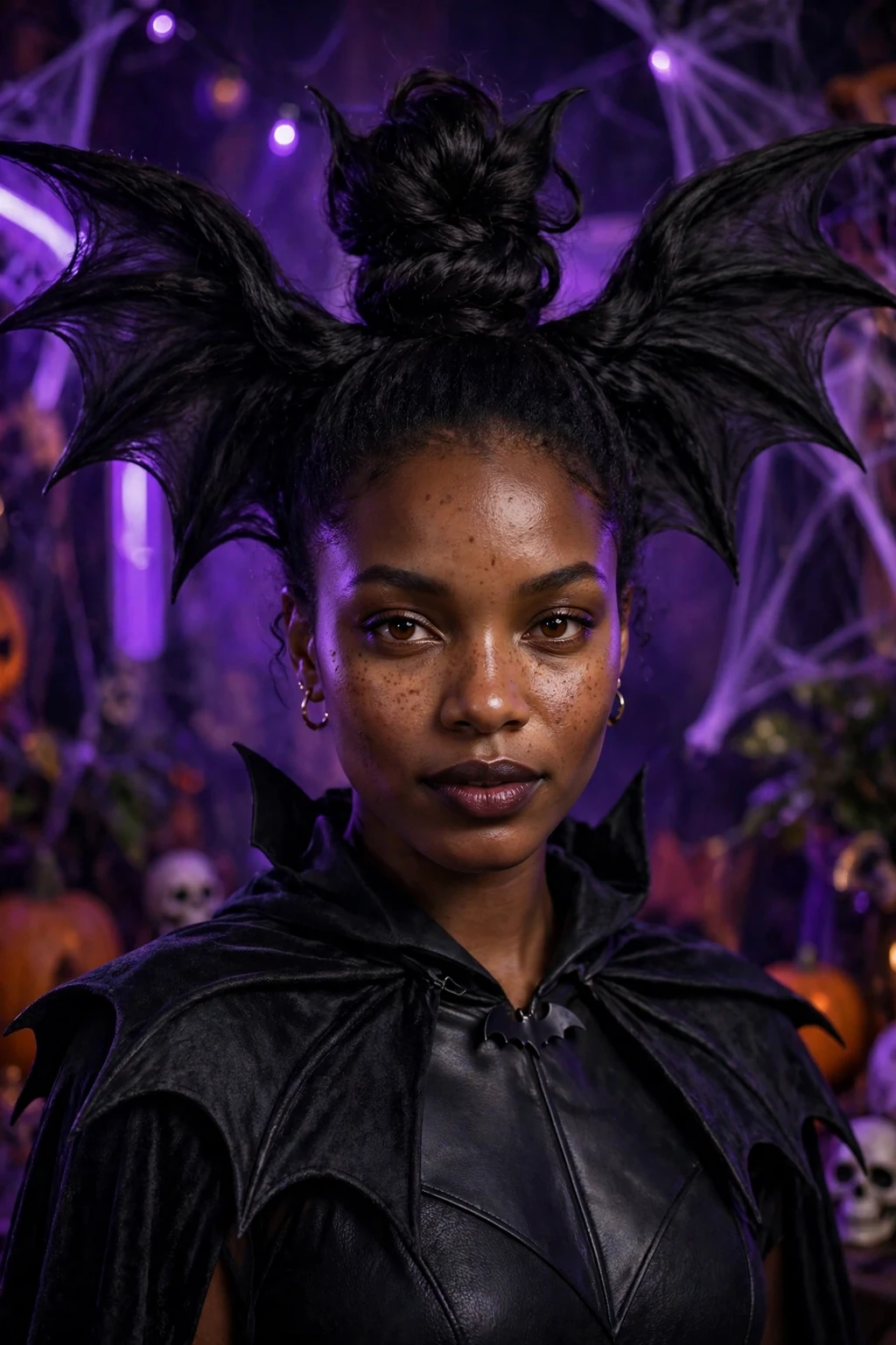 Young Black woman with a dramatic high bun shaped like bat wings at a Halloween party.