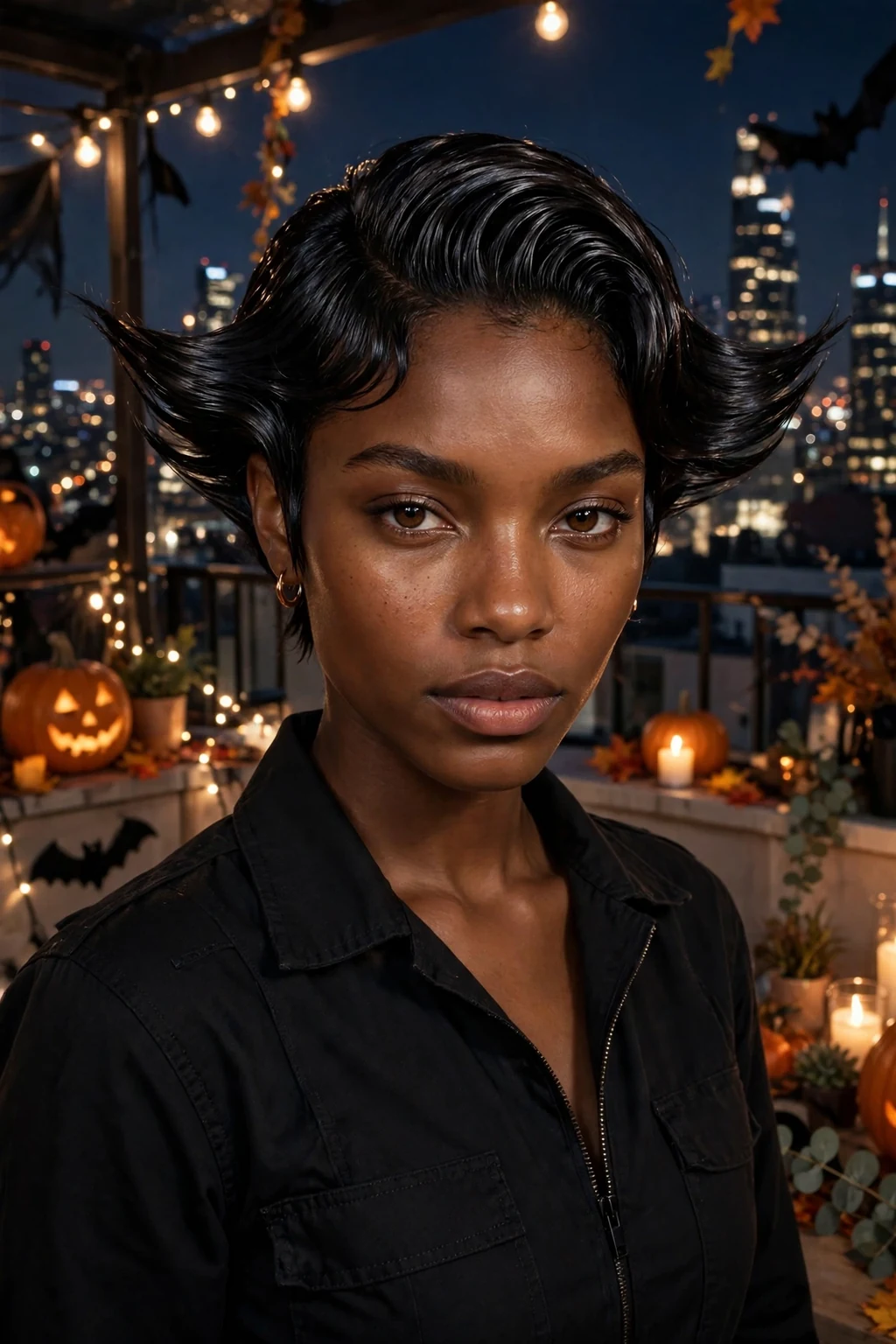 Young woman with a slicked pixie with wing-like swept sides, wearing a black jumpsuit with bat wings at a rooftop Halloween party at night.