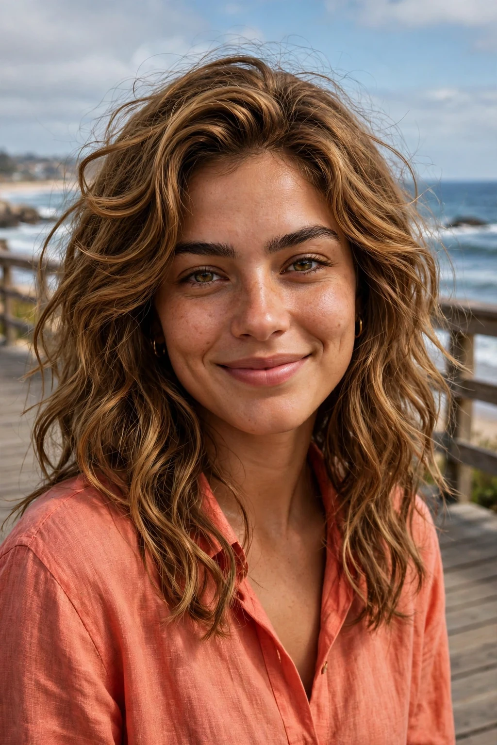 Young woman wearing a beach wave wig with relaxed tousled golden-brown waves.