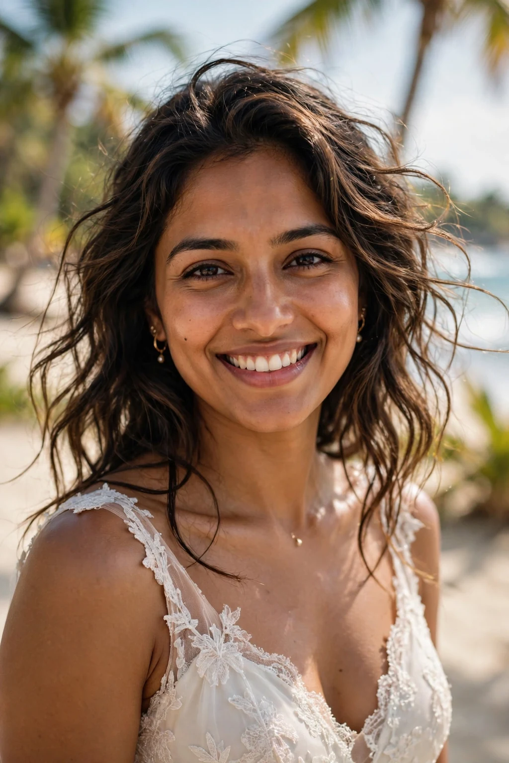 Beautiful bride with beach waves, tousled beach waves, sunny light.