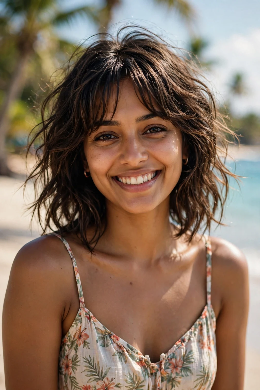 Beautiful woman with curtain bangs and beach waves, tousled beach waves with bangs, sunny light.