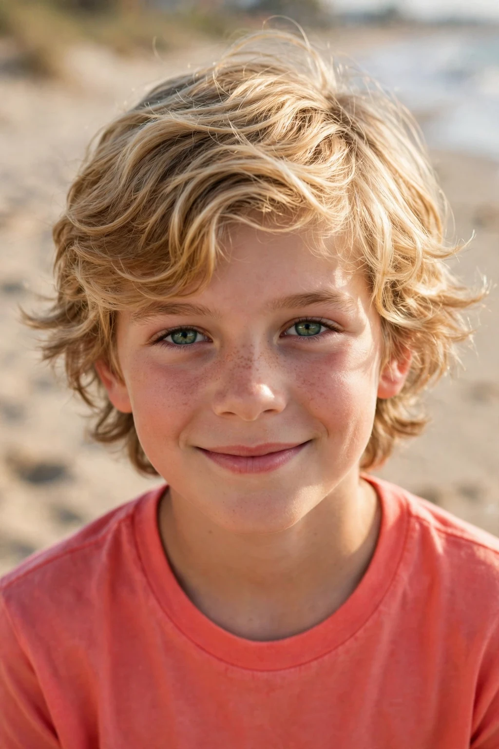 A boy with beachy waves, medium-length wavy hair with a sun-kissed texture, at the beach wearing a coral T-shirt.