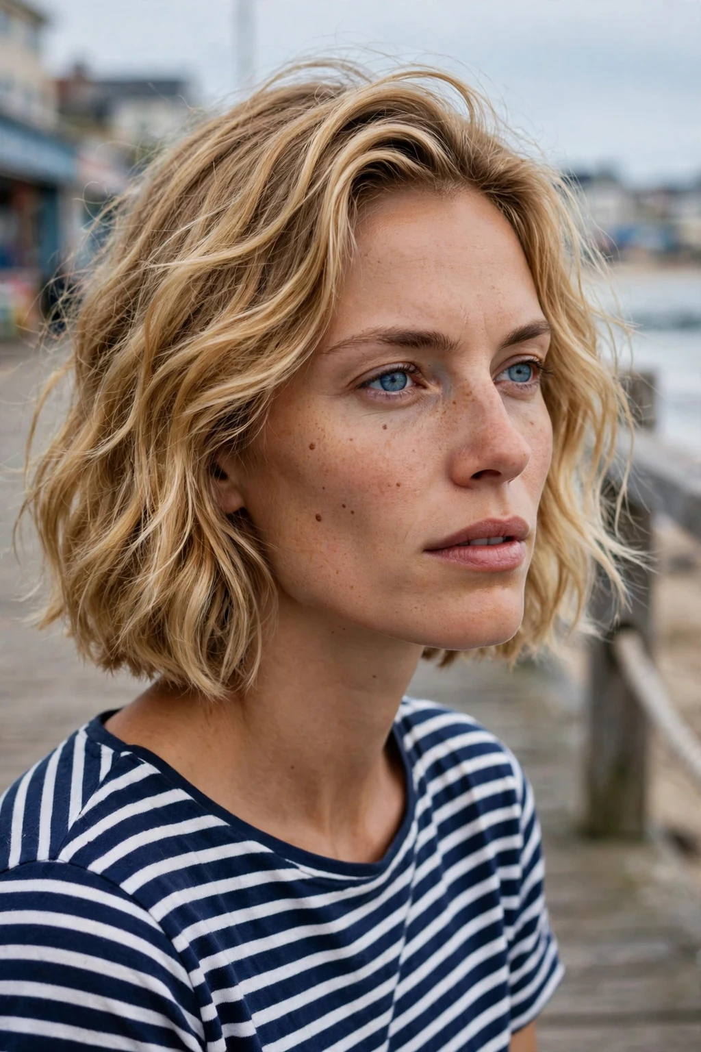 Young woman with a beachy wavy bob and sun-kissed tousled texture.