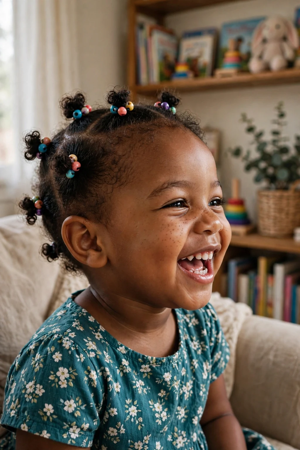 A toddler girl with beaded bantu knots wearing a teal dress in a cozy living room.