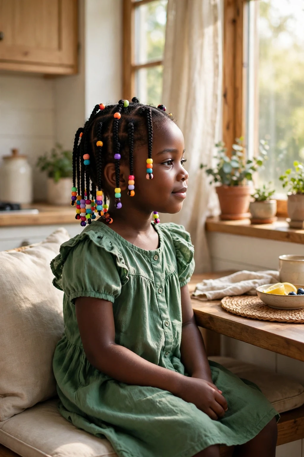 A toddler girl with small beaded box braids wearing a green dress.