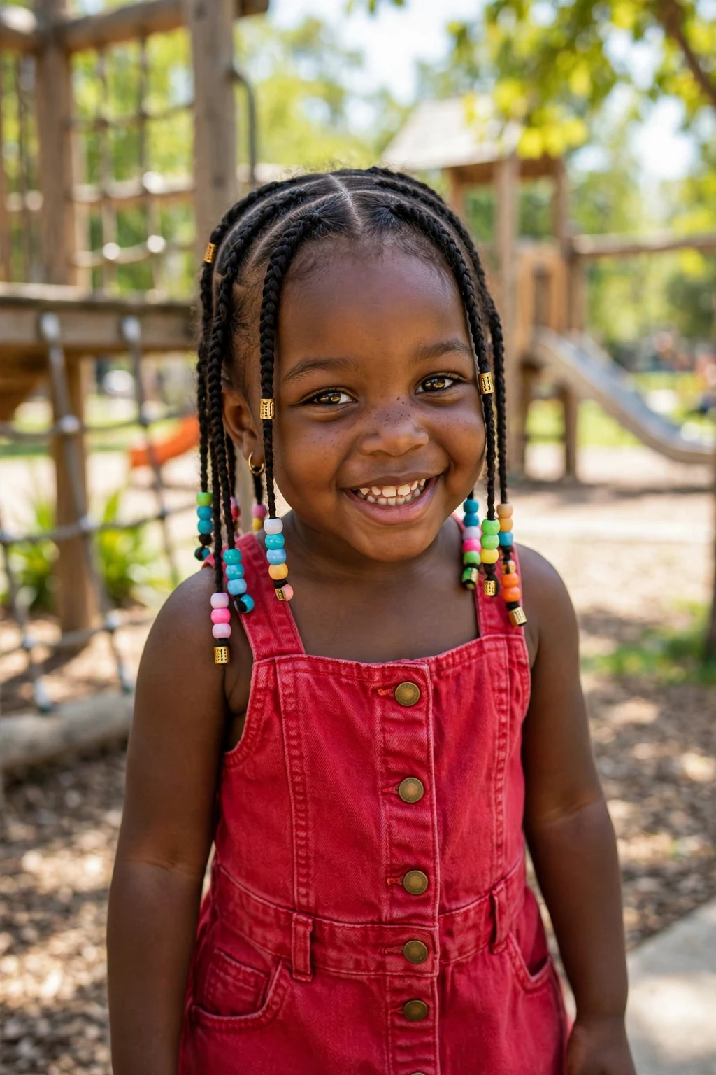 A toddler girl with neat cornrows decorated with colorful beads and cuffs at a park.