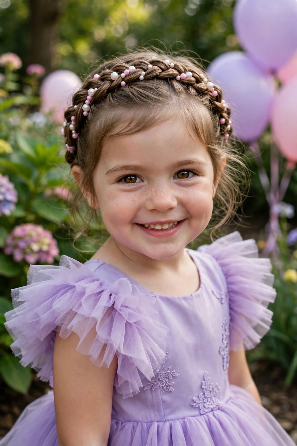 A toddler girl with a beaded crown braid in a garden party setting.