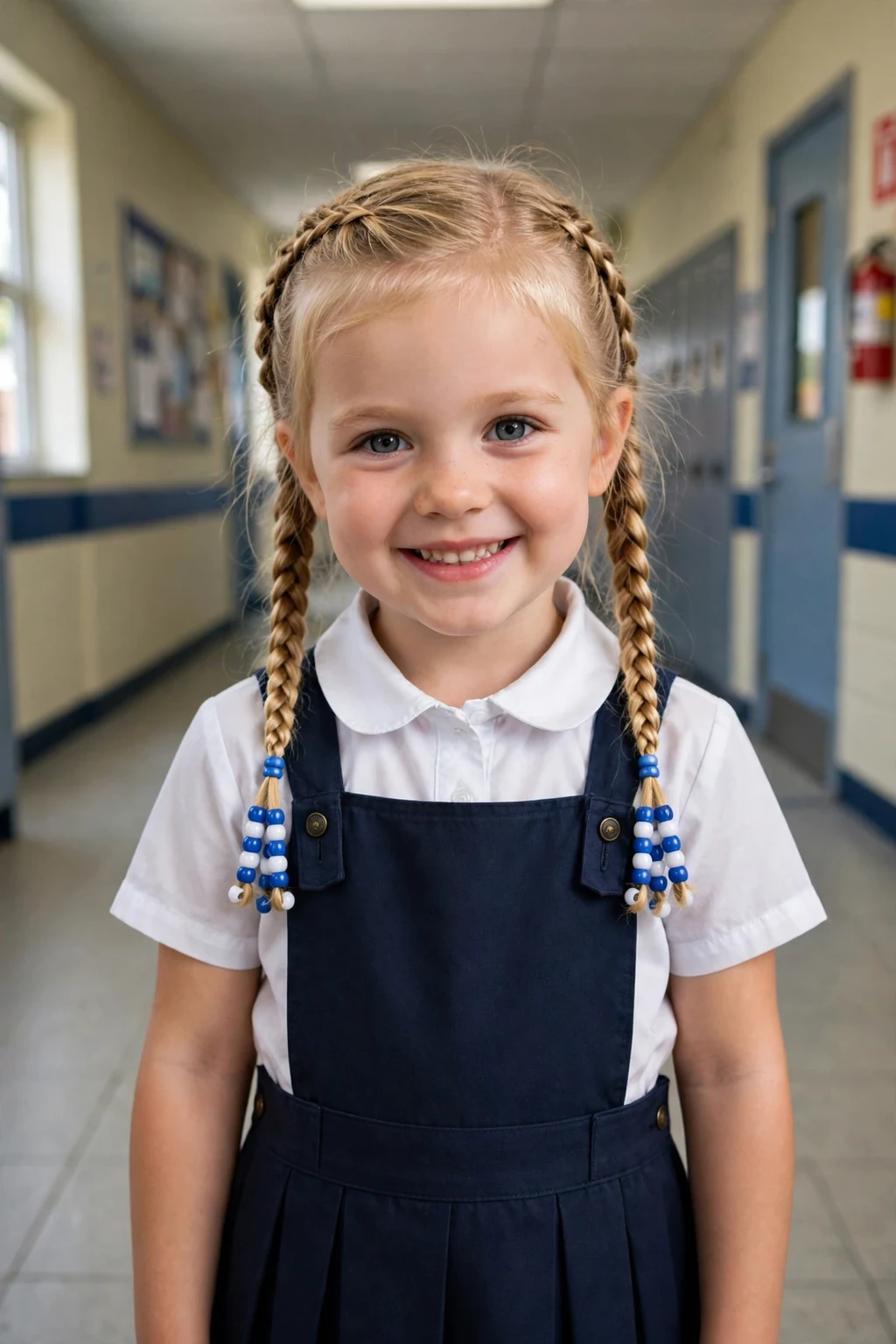 A toddler girl with double dutch beaded braids in a school hallway.