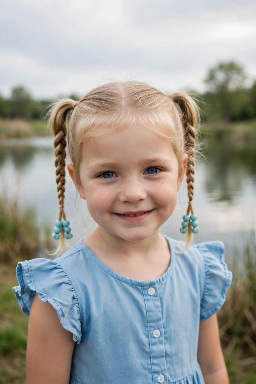 A toddler girl with beaded fishtail pigtails by a lake.