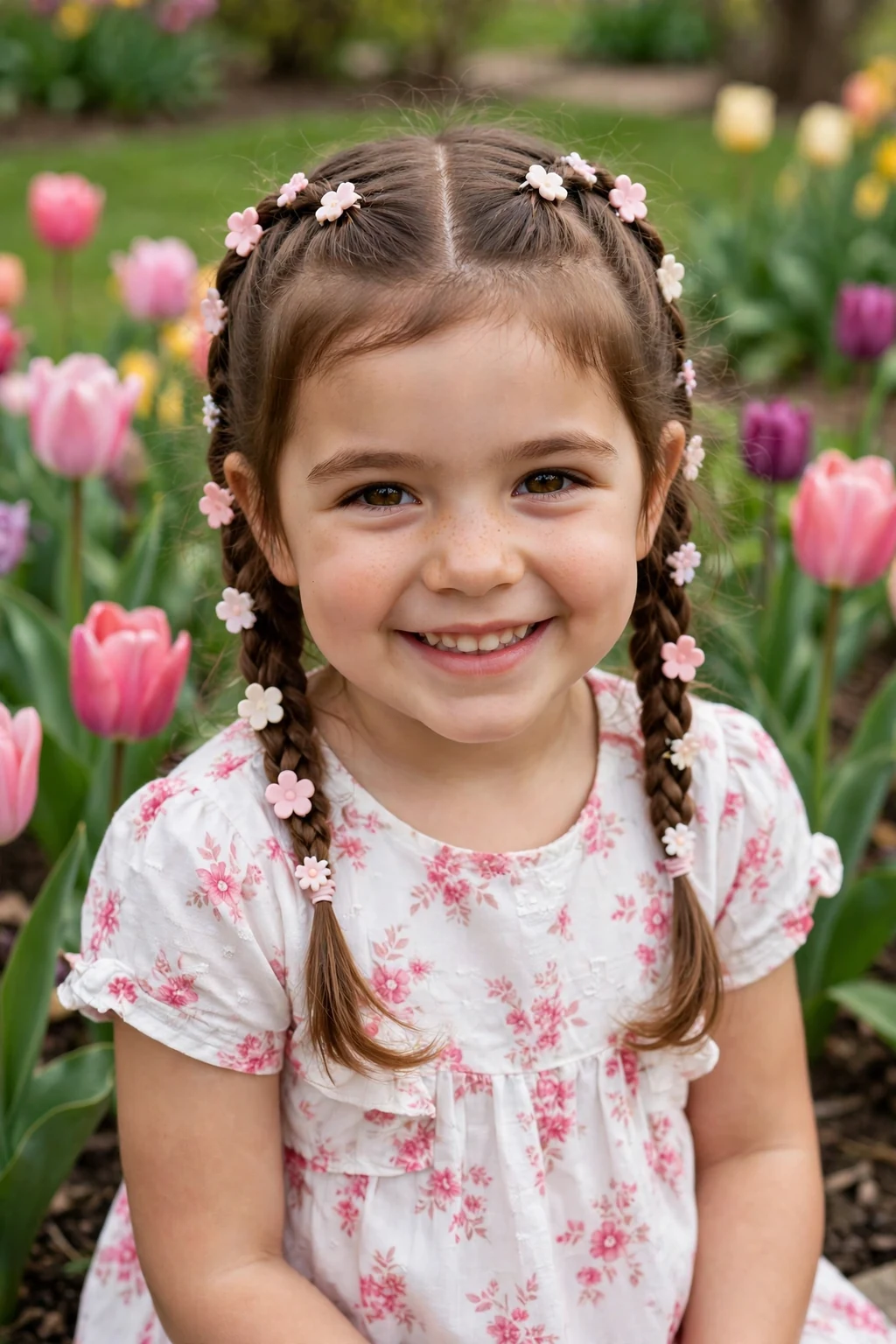 A toddler girl with flower beaded braids in a spring garden.