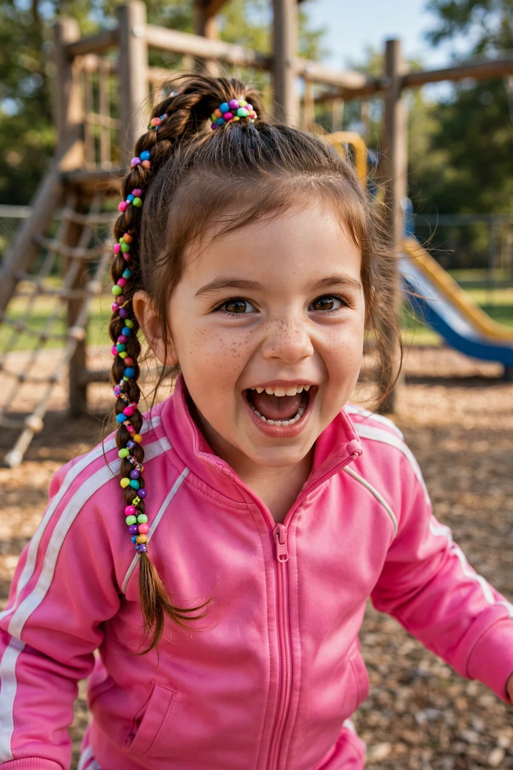 A toddler girl with a high beaded ponytail on a playground.