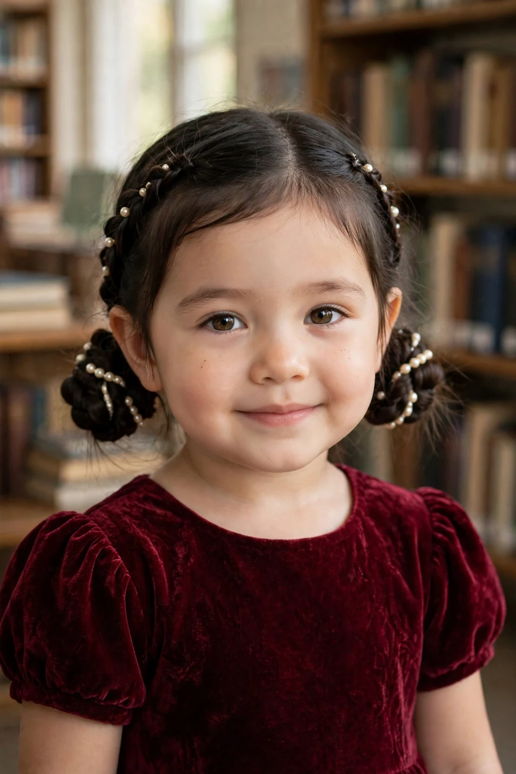 A toddler girl with low beaded buns in a library.