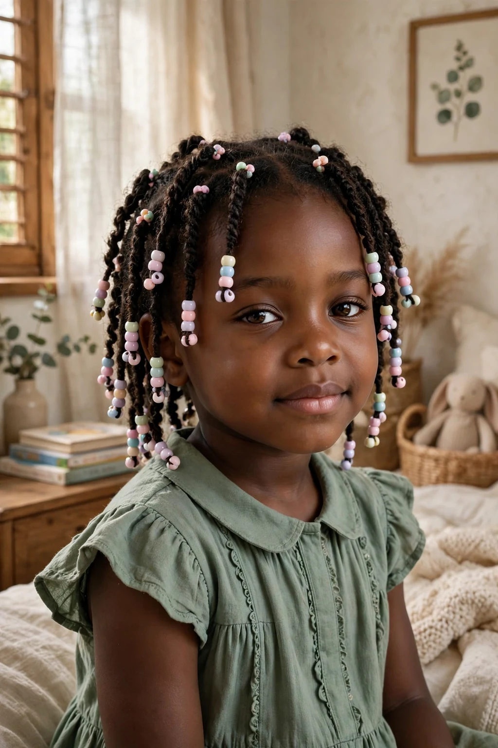 A toddler girl with beaded mini twists in a cozy bedroom.