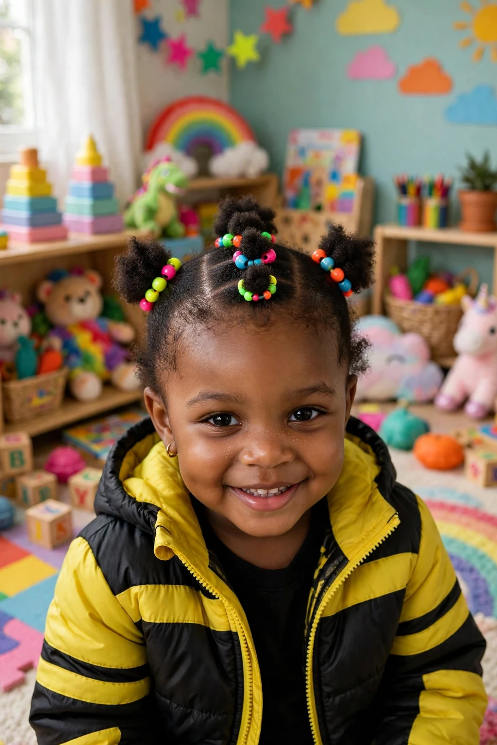 A toddler girl with beaded mohawk puffs in a playroom.