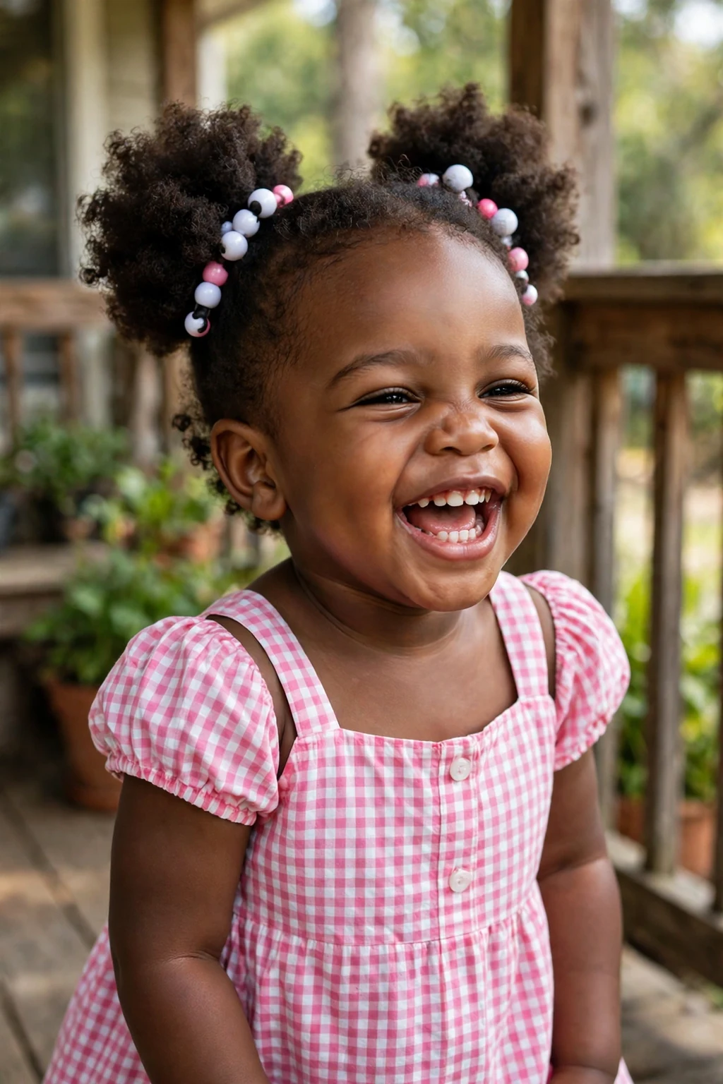 A toddler girl with beaded puffball pigtails laughing outdoors.