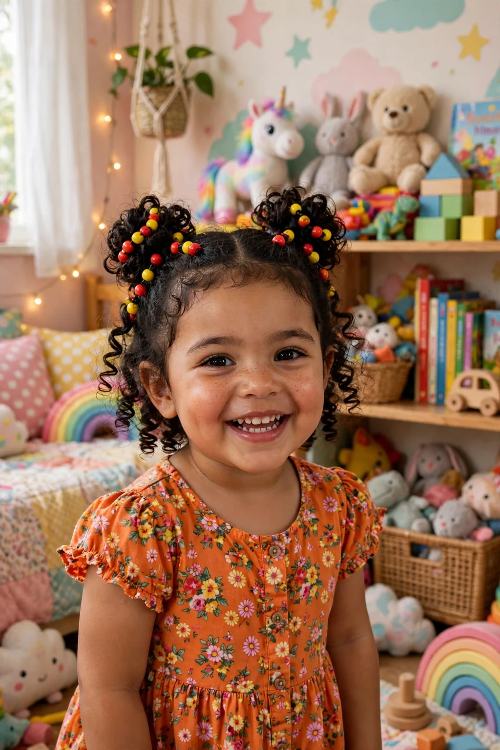 A toddler girl with beaded space buns in a colorful bedroom.