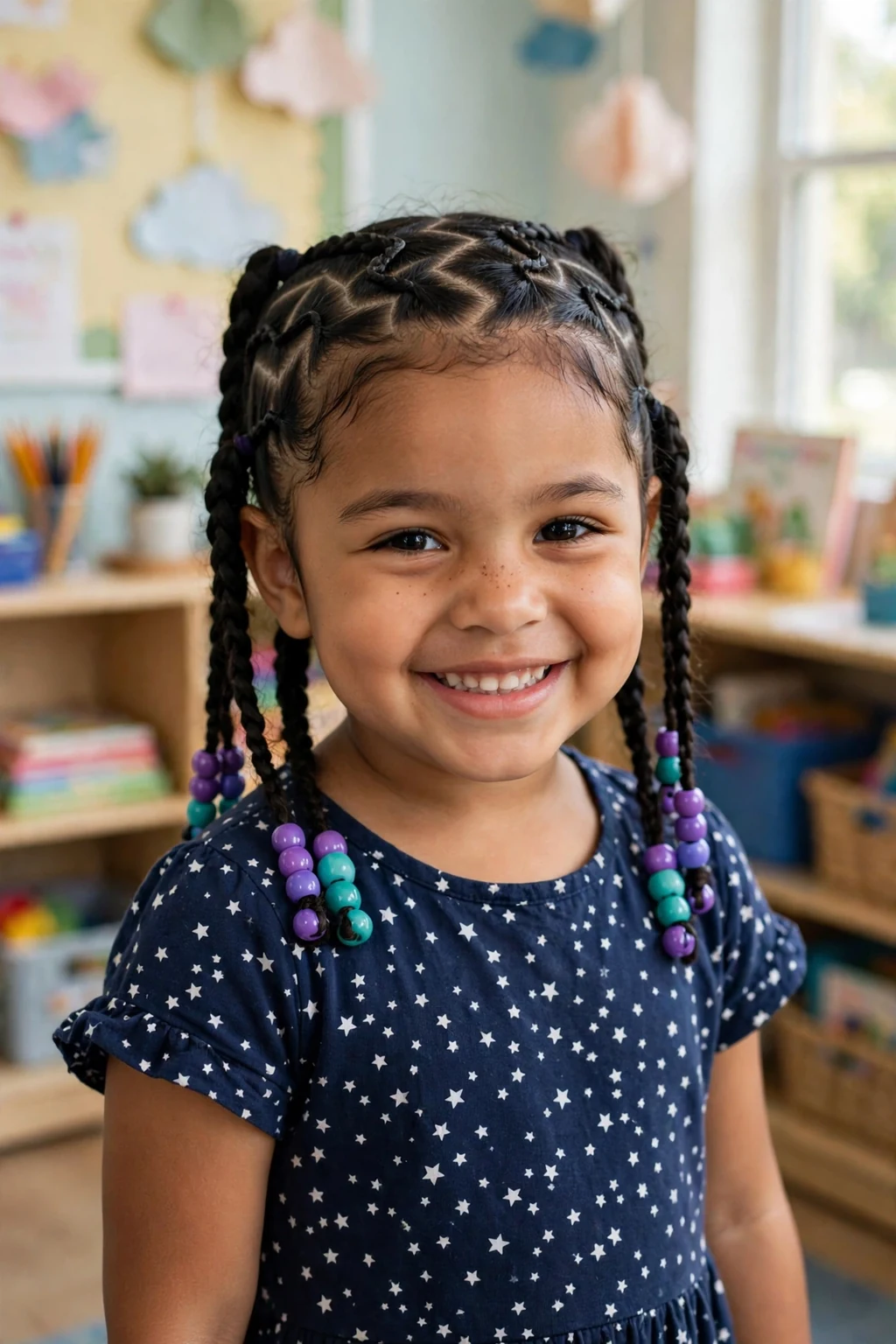 A toddler girl with zigzag part braids and beads in a classroom.