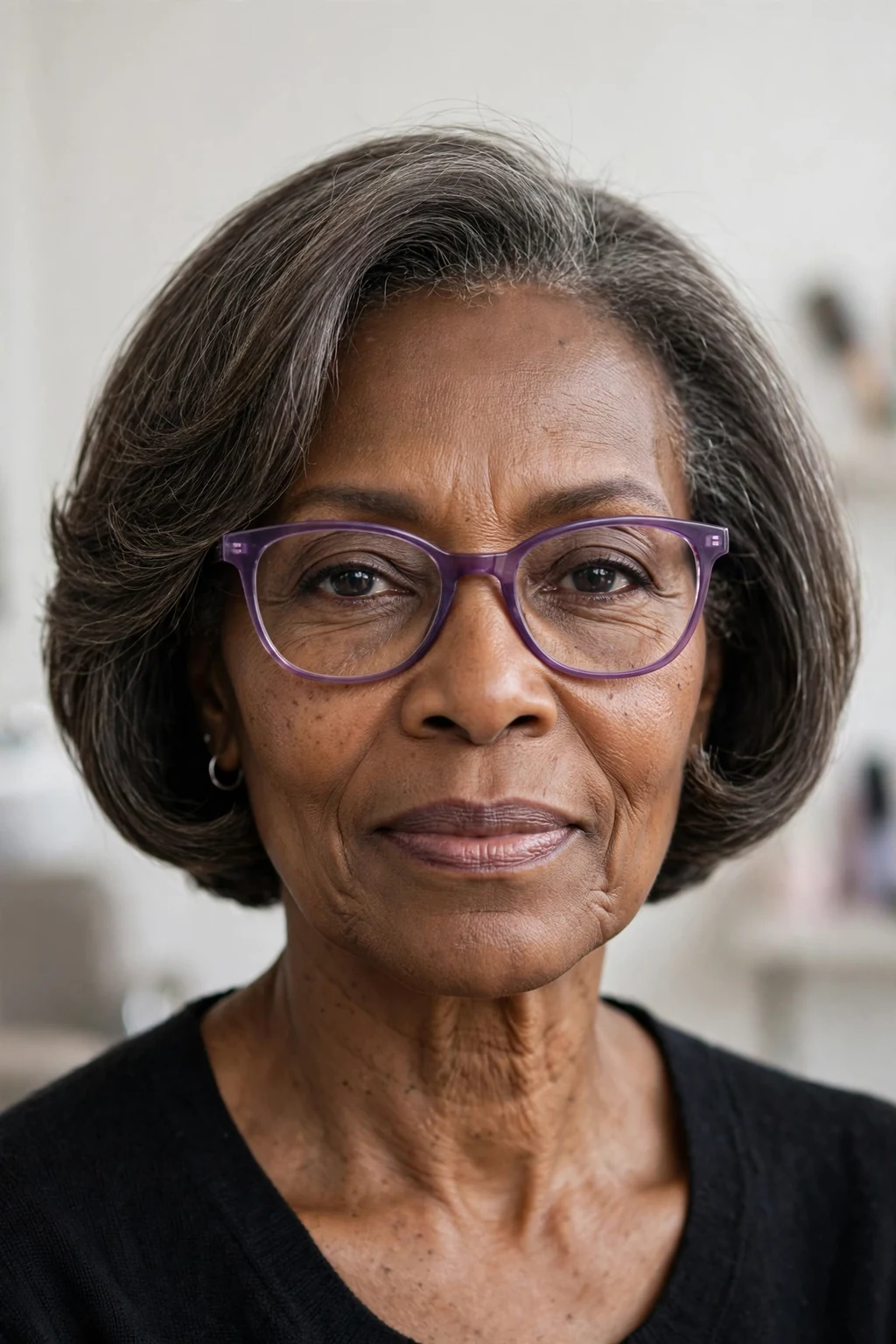 Elegant woman over 50 with fine hair and glasses and beautiful bob cut, soft classic shape, stunning light.