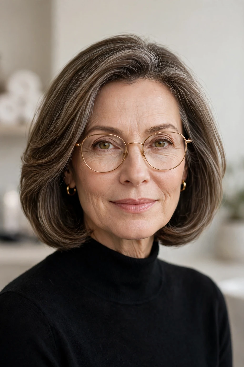 Elegant woman over 50 with glasses and beautiful medium cut, soft classic shape, stunning light.