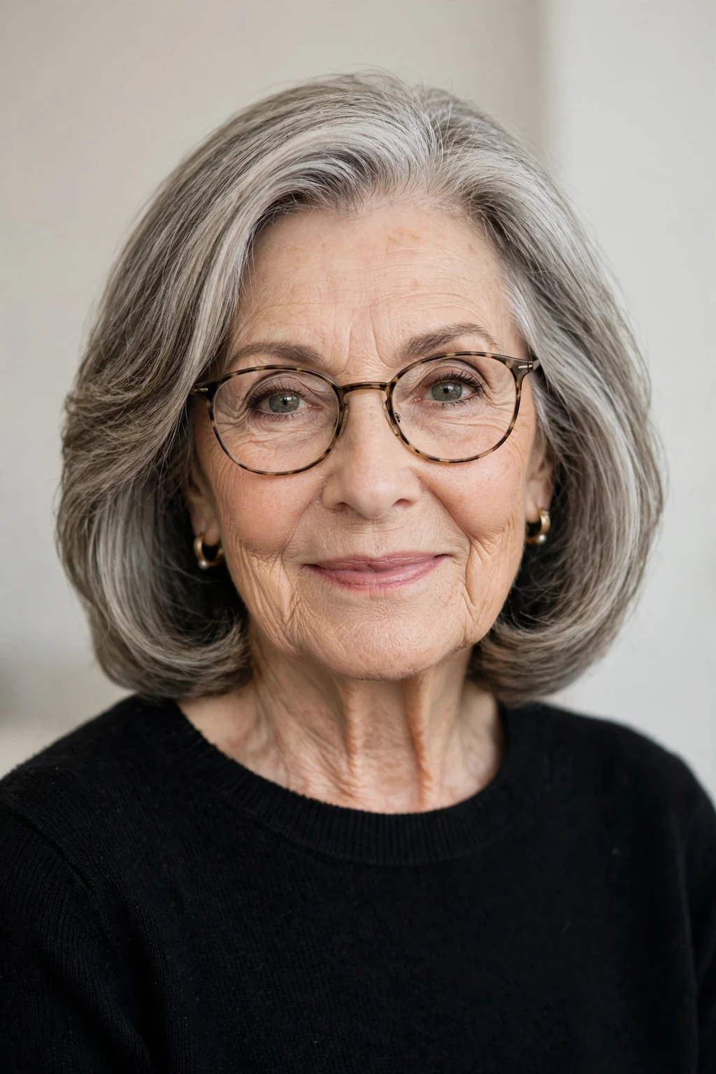 Elegant woman over 70 with glasses and beautiful medium cut, soft classic shape, stunning light.