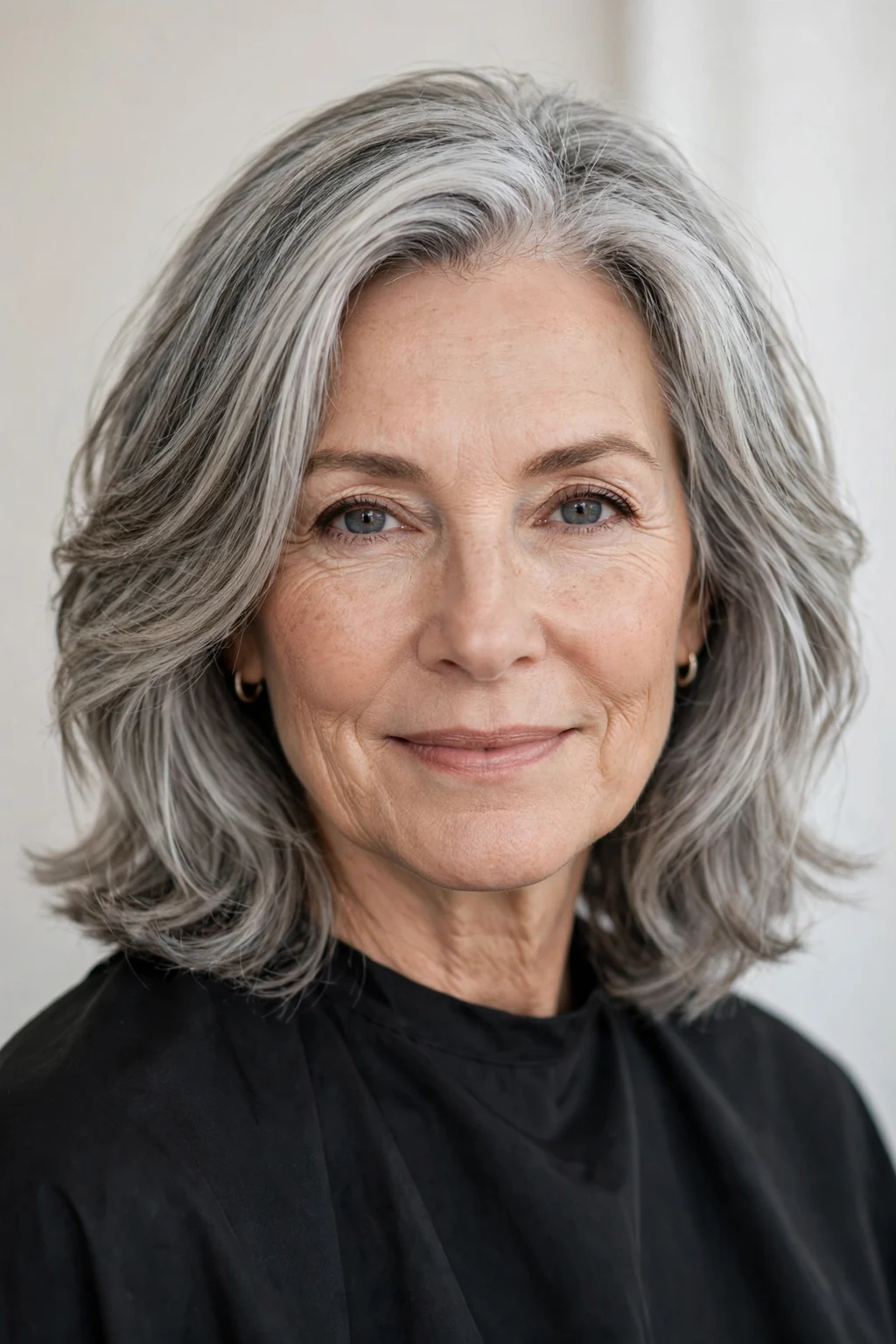 Elegant woman over 50 with beautiful silver blend, luminous gray dimension, stunning light.