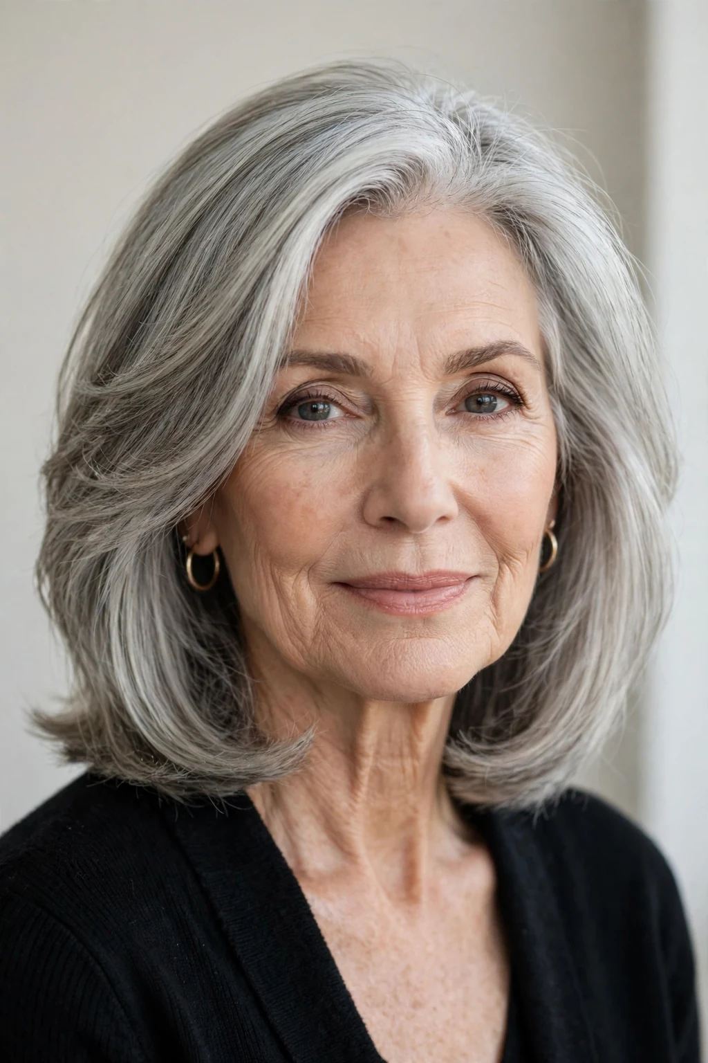 Elegant woman over 60 with beautiful silver blend, luminous gray dimension, stunning light.