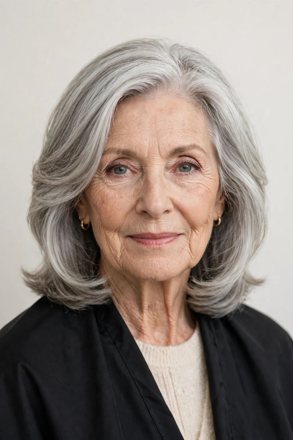 Elegant woman over 70 with beautiful silver blend, luminous gray dimension, stunning light.