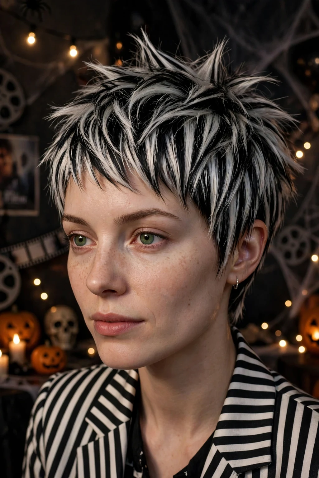 Young woman with a black-and-white striped pixie in Beetlejuice style, wearing a black-and-white striped blazer at a movie-themed Halloween party.