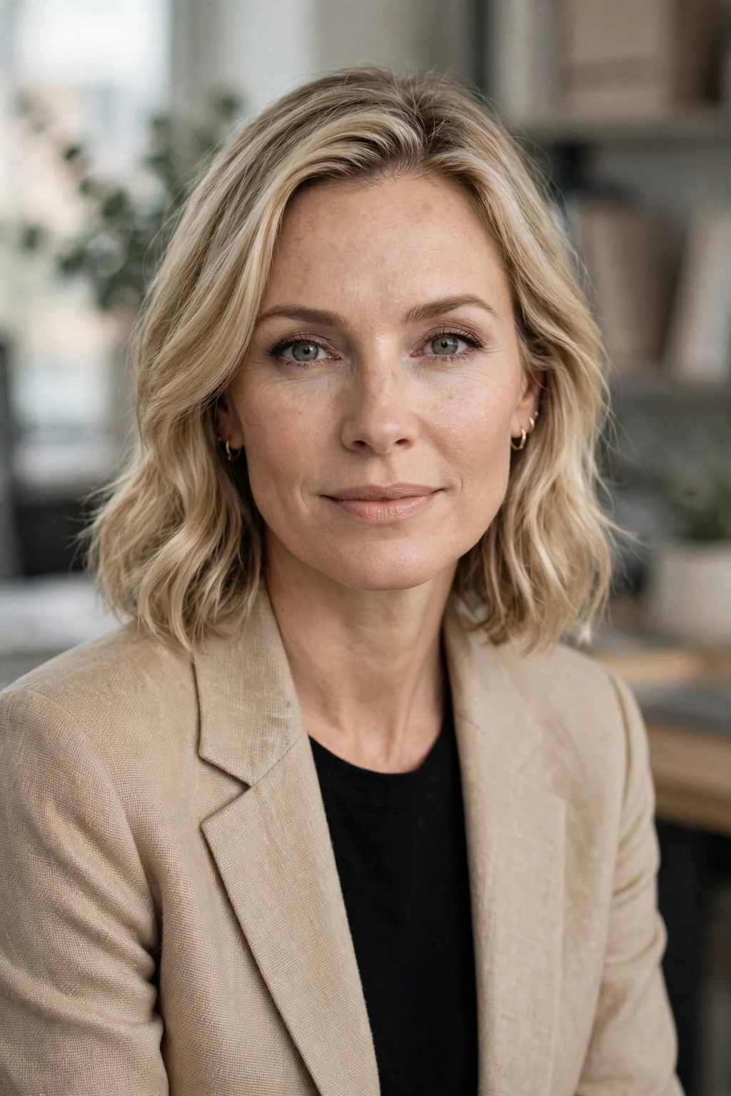Beautiful woman with beige blonde, neutral beige blonde tones, refined light.