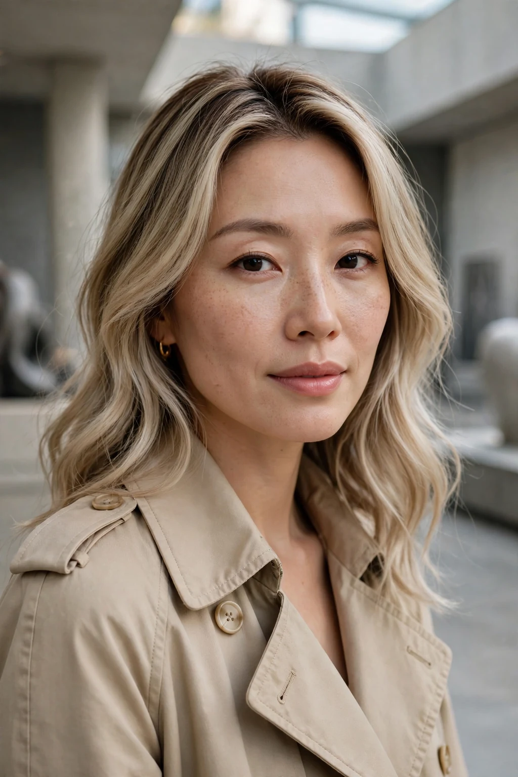Beautiful woman with beige blonde melt, neutral beige blonde tones, refined light.