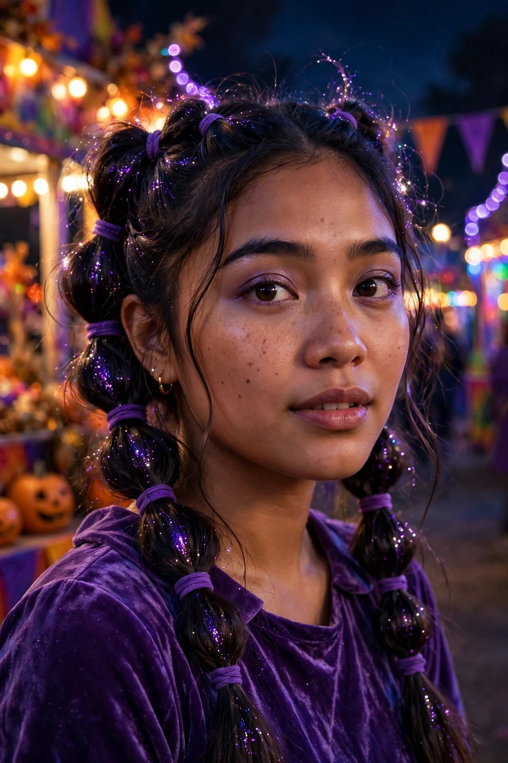 Young woman with bewitched bubble braids and a purple velvet top at a Halloween carnival.