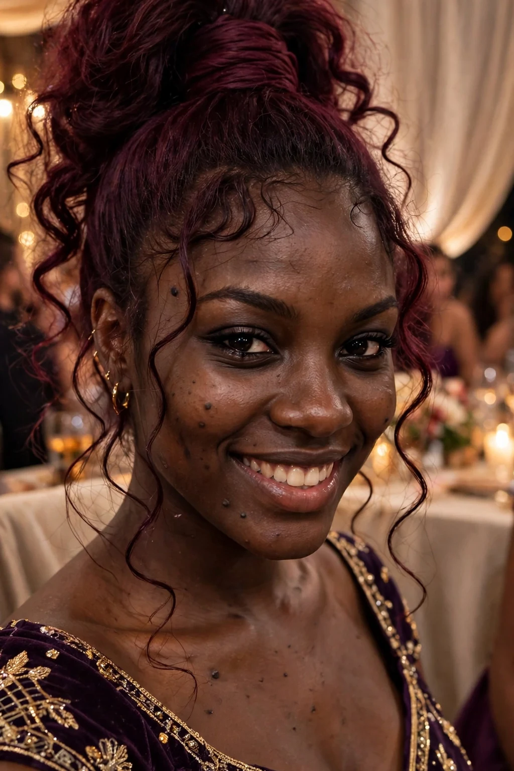Young Black woman with a bewitching burgundy goddess ponytail with wrapped base at a Halloween party.