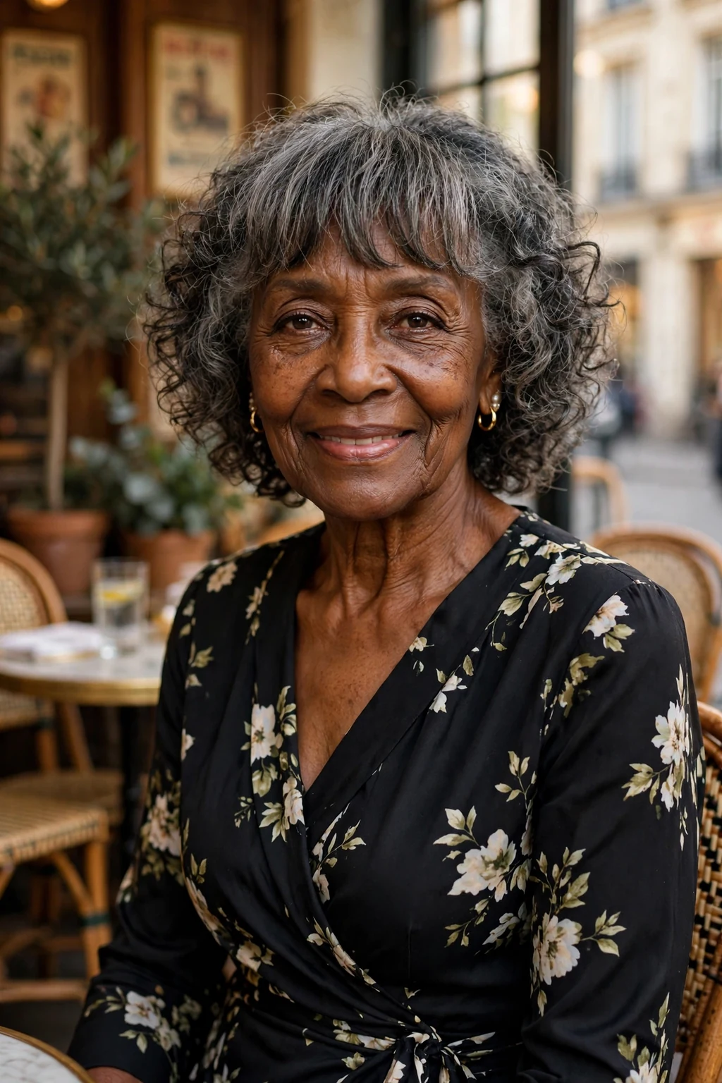 Beautiful older woman with birkin bangs, chic birkin bangs, french light.