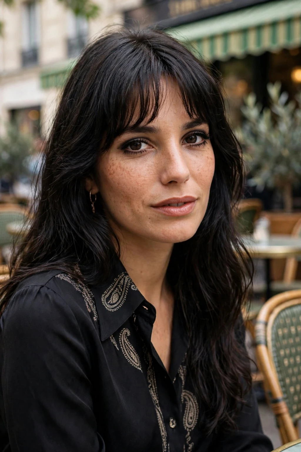 Beautiful woman with birkin bangs, chic birkin bangs, french light.