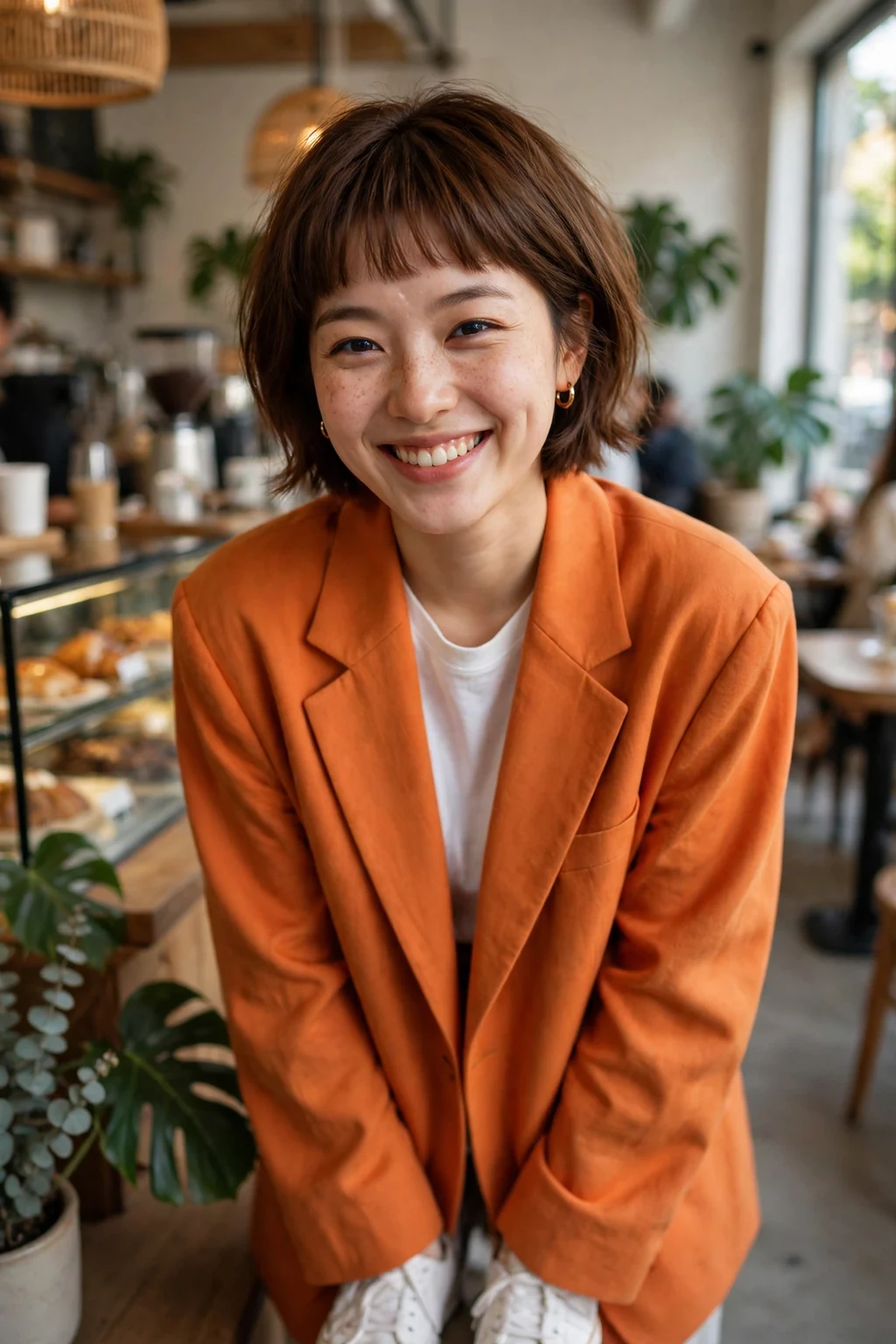Young woman with a bixie bob with baby bangs hairstyle, piecey and full of personality.