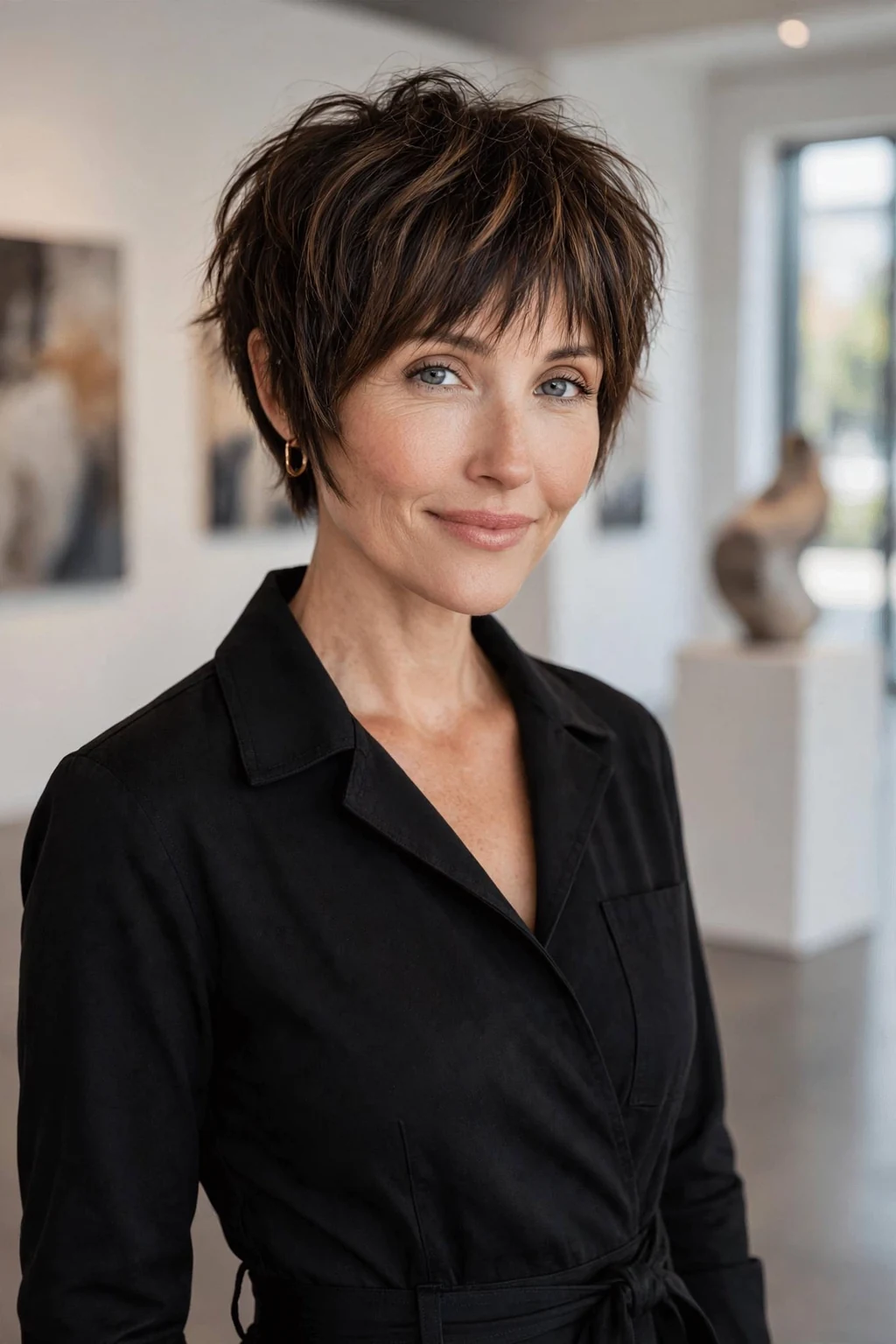 Beautiful woman with bixie shag cut, chic bixie shag, stylish light.