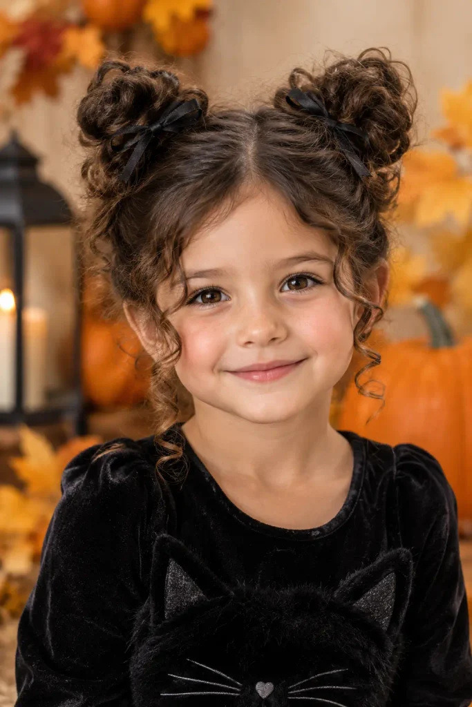 6-year-old girl with dark-brown curly hair styled in two high cat-ear buns with black ribbons, wearing a black cat-inspired Halloween outfit against a cozy pumpkin and autumn leaf background.
