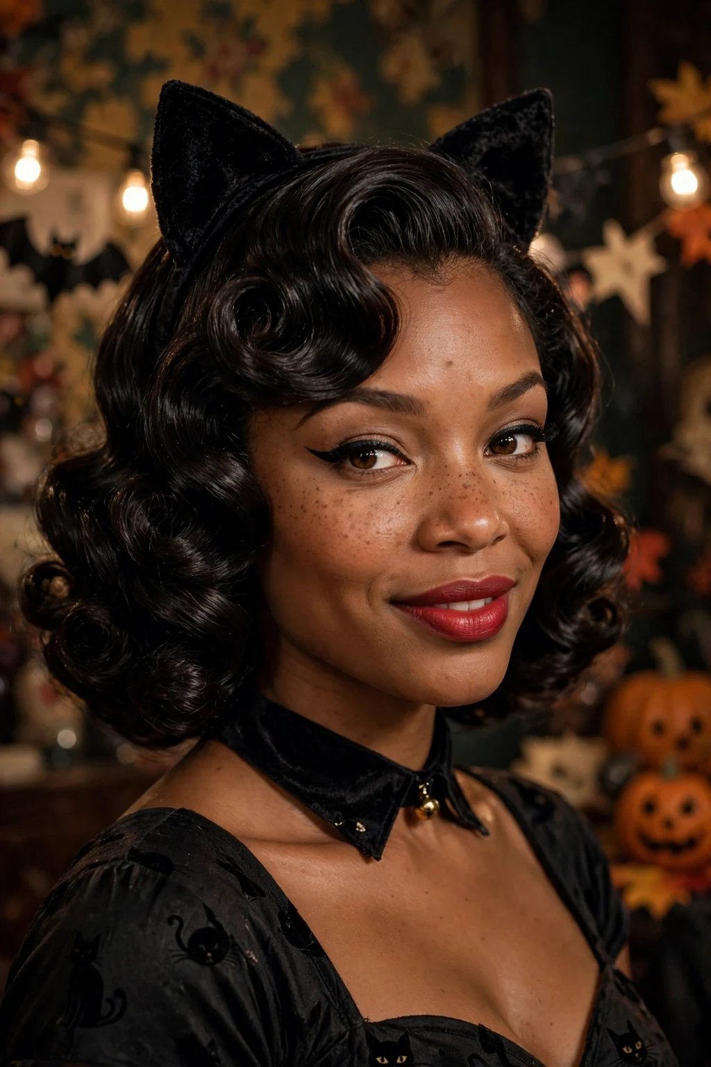 Young Black woman with black cat pin-up curls and a retro cat costume.