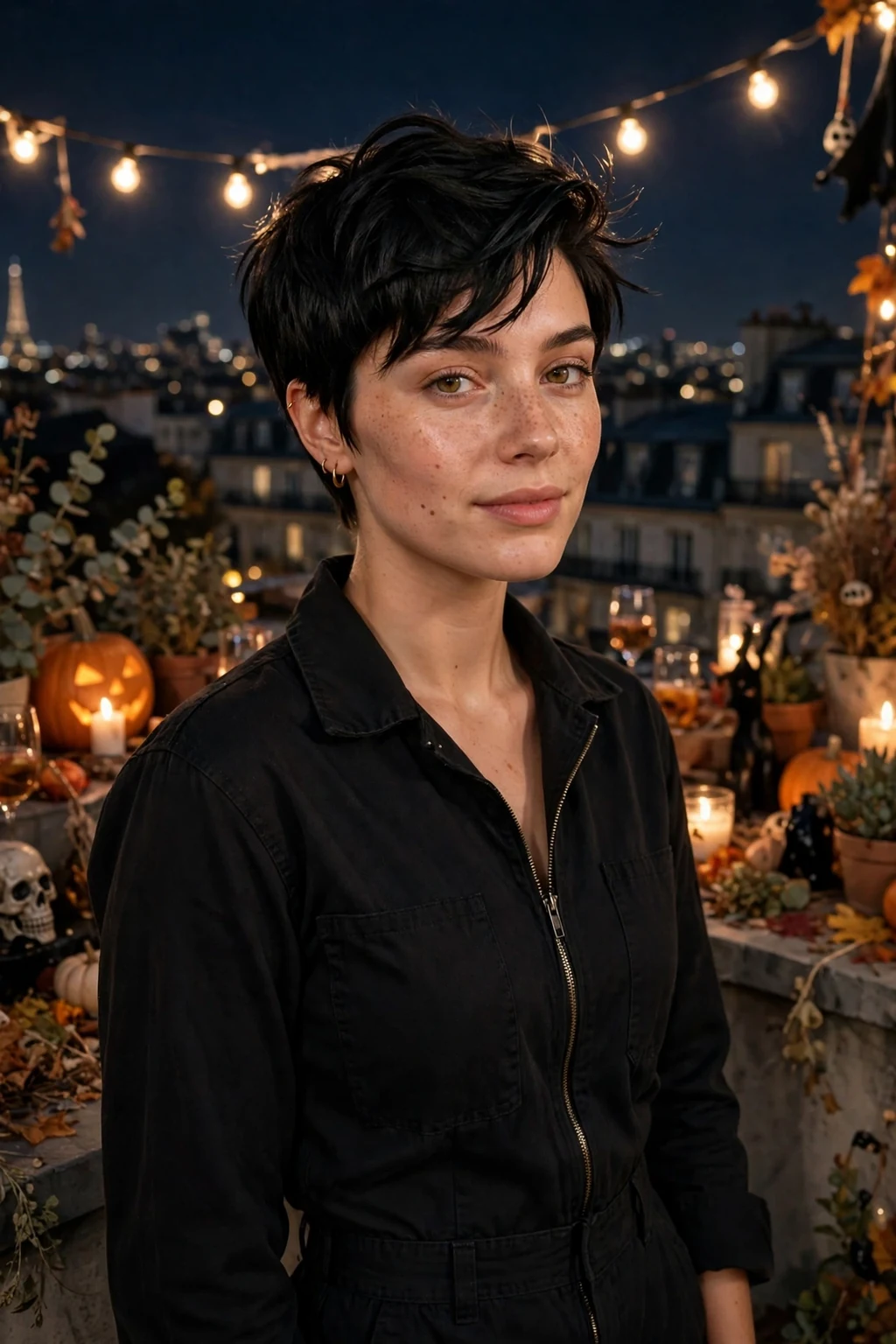 Young woman with a sleek black cat pixie cut and a black jumpsuit at a rooftop Halloween party.