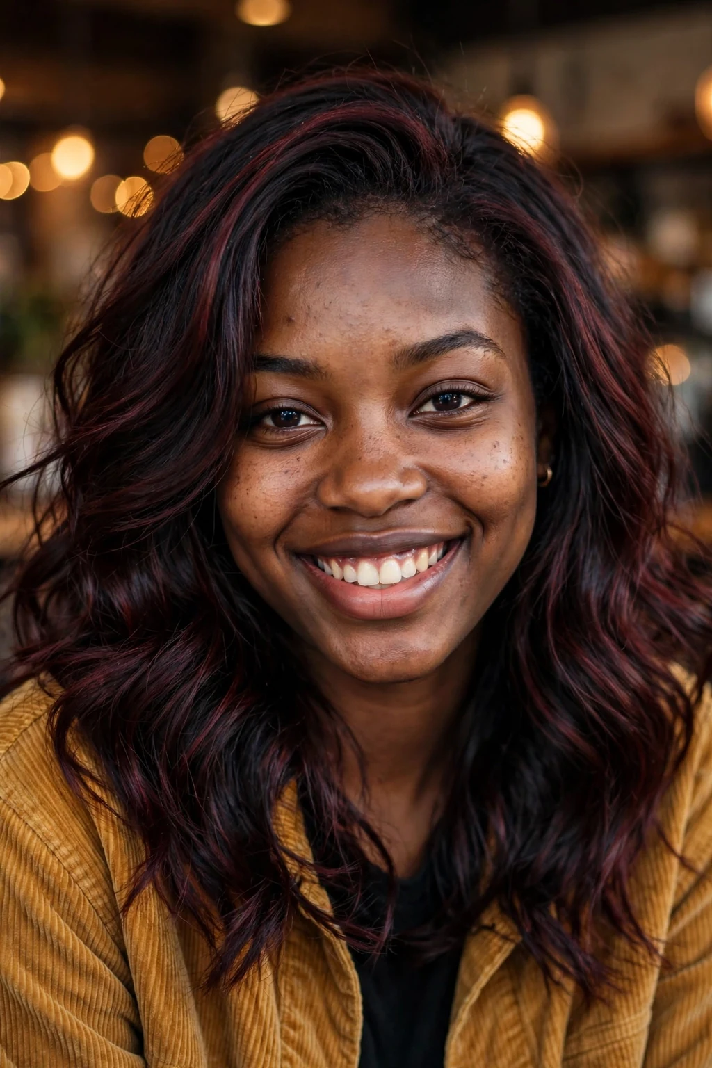 Young Black woman in her mid-20s with black cherry wavy hair with dark burgundy shine, in a coffee shop wearing a mustard corduroy jacket.