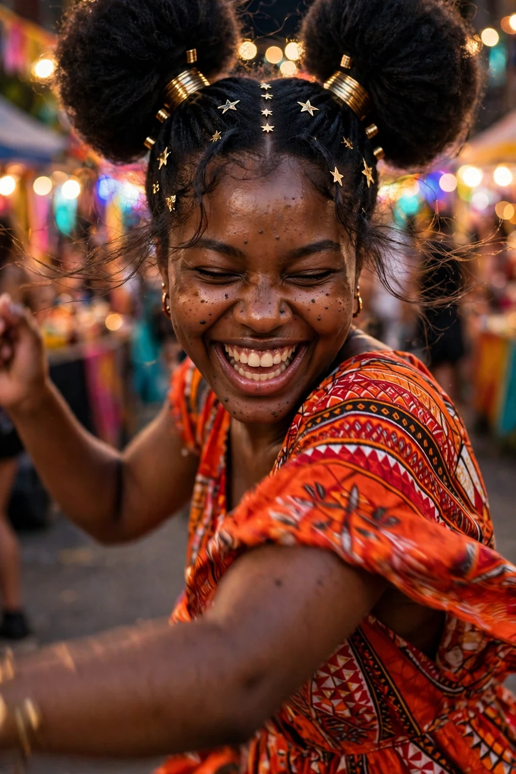Young Black woman with black magic velvet afro puffs decorated with gold accessories at a Halloween party.
