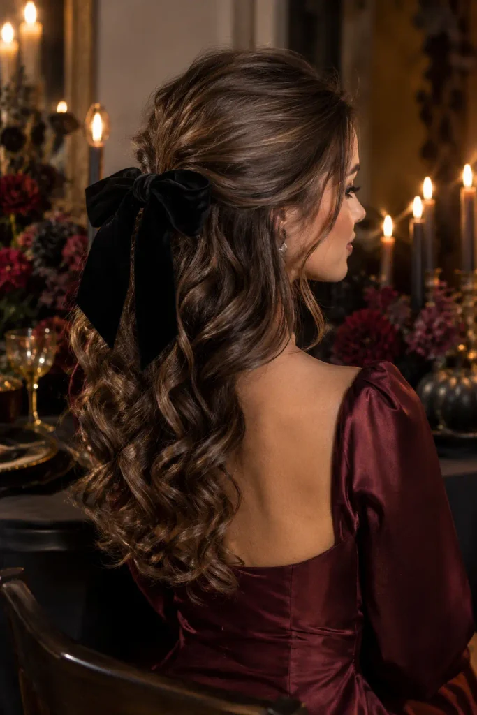 woman with loose polished curls and a large black velvet bow at the back of her head, wearing a burgundy satin dress in an elegant Halloween setting.
