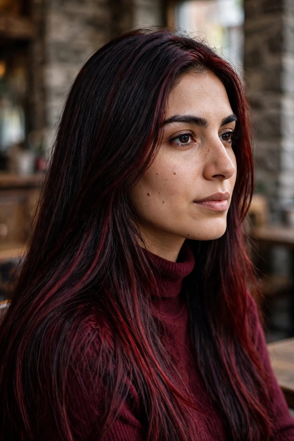 Young Canadian woman in her mid 20s with black velvet cherry hair, wearing a burgundy turtleneck, in a Quebec City old-town cafe.