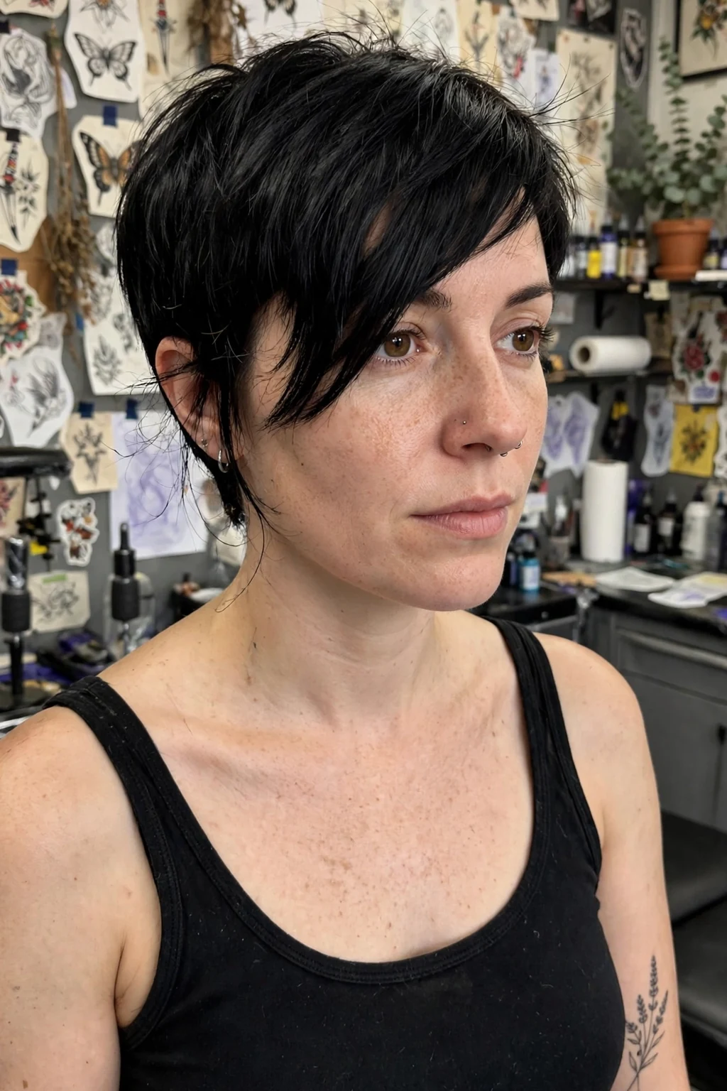 Young woman with a black velvet pixie and long fringe in a tattoo studio wearing a black tank top.