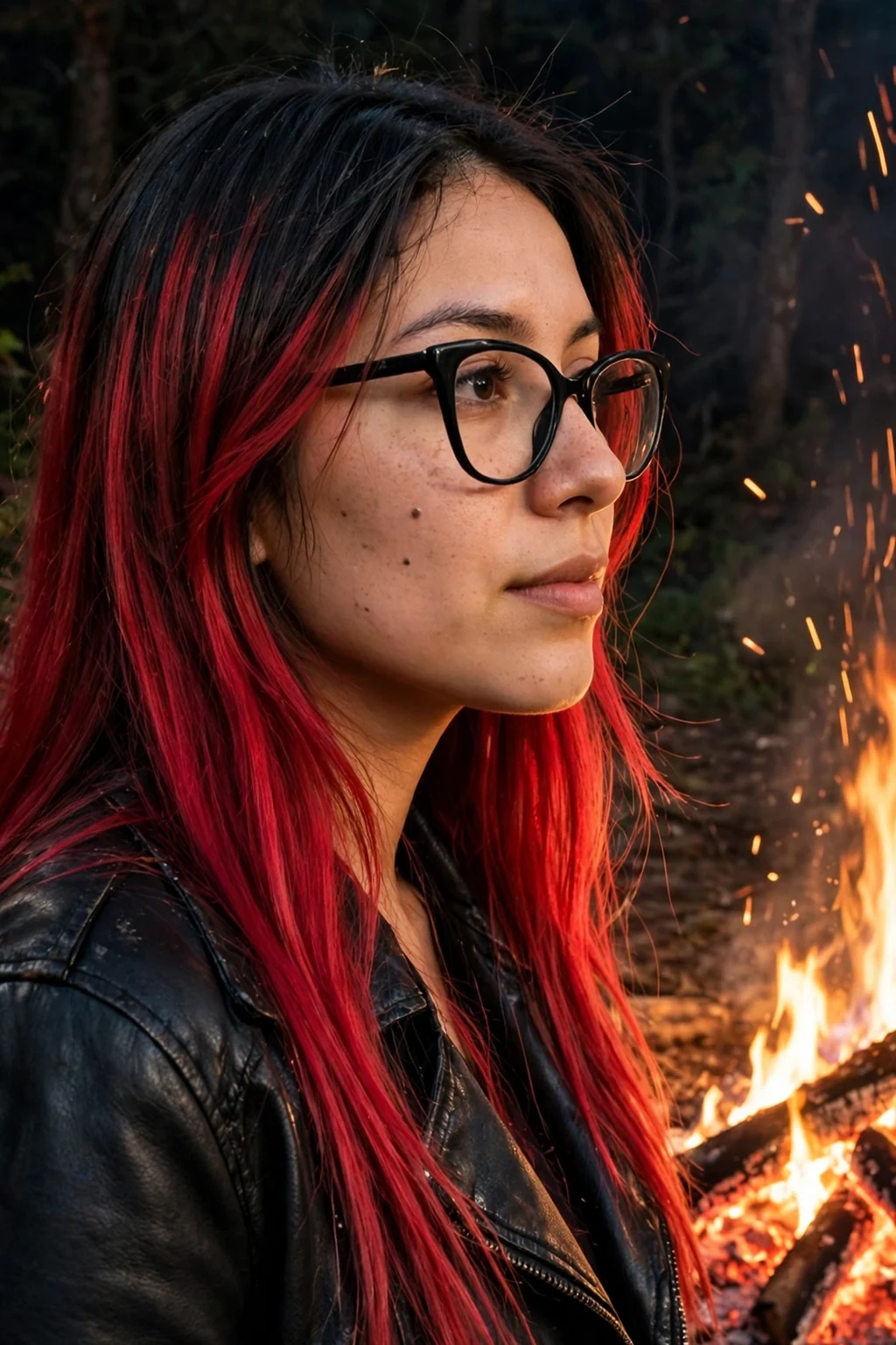 Young woman with black-to-red flame ombré hair at a bonfire wearing a leather jacket.